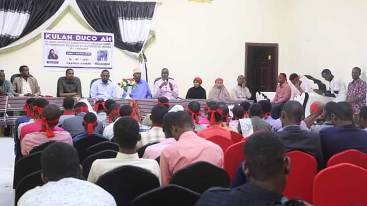 Journalists in Kismayo who on Tuesday 16 July, 2019 held prayer meeting for the late two TV journalists Mohamed Omar Sahal and Hodan Naleyeh, who were killed in Kismayo Hotel attack on Friday 13 July, 2019.  Photo credit/A. Hussein.