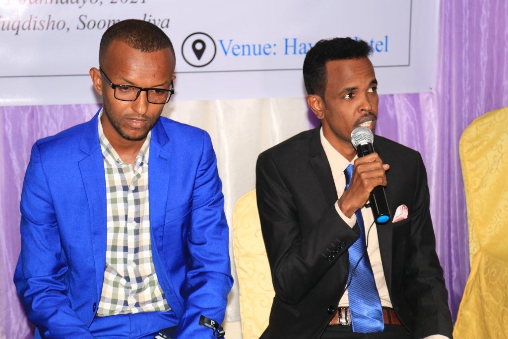 Goobjoog Media Deputy Director, Abdiaziz Ahmed Gurbiye (right) speaks during a panel discussion on Freedom of Expression supported by UNSOM in Mogadishu, Friday 1 January, 2021. | PHOTO/SJS.