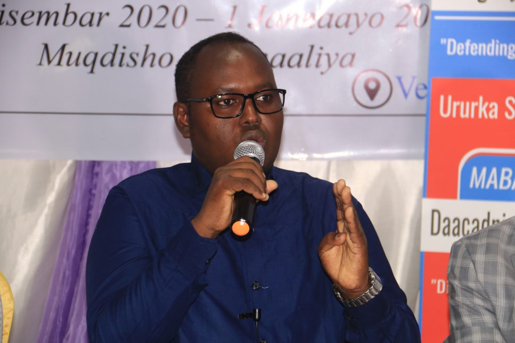 Chairman of Somali Media Association (SOMA), Mohamed Osman Makaran speaks during a panel discussion on Freedom of Expression supported by UNSOM in Mogadishu, Friday 1 January, 2021. | PHOTO/SJS.