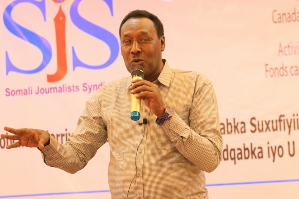 Governor of Mudug, Abdirahman Diriye Is-hal speaks speaks during the end of a three-day training in Galkayo, Mudug on Thursday 9 September, 2021. | PHOTO CREDIT/SJS.