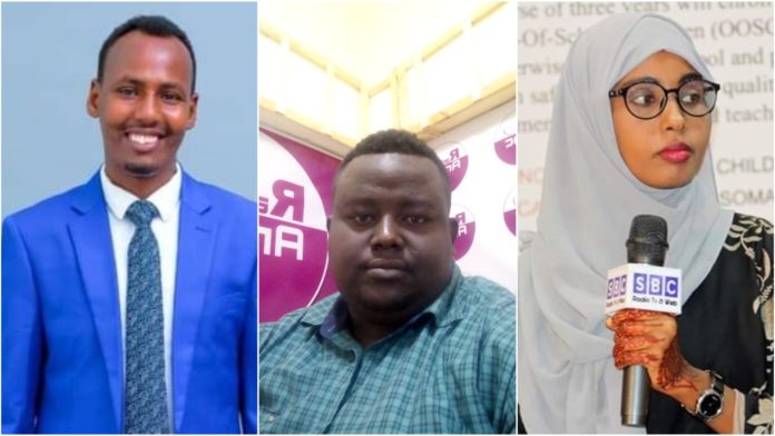 Qardho Media journalist, Mohamud Abdirisak (left), Radio Anfa director, Guled Abdirisak Kibonge (centre) and SBC TV reporter, Habibo Ladan Abdi (right).