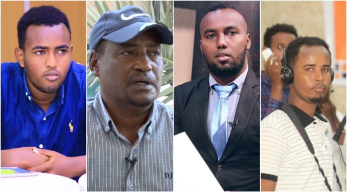 (from left to right) Four journalists: Ismail Mohamed Muse and Mohamed Hassan Yusuf of Somali Cable TV and Aweys Mohamud Jila’ow and Mohamed Bari of Five Somali TV.