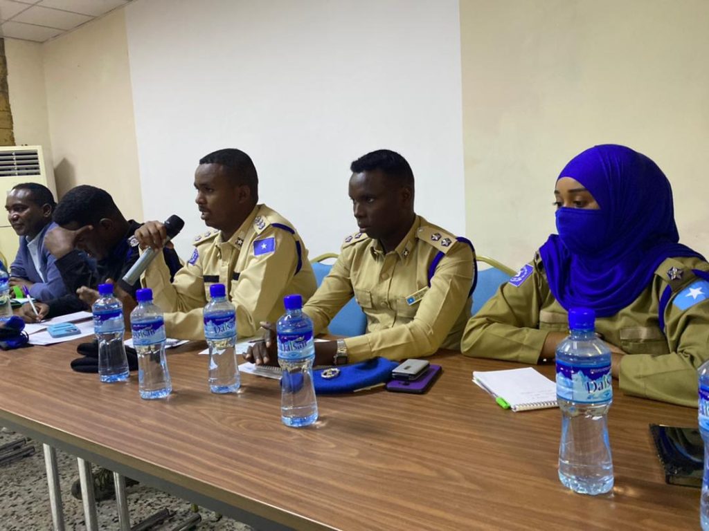 Police Captain Nuradin Mohamed Hussein (centre) speaks during the discussion between journalists and the police at training session on Monday 23 May, 2022. | PHOTO/SJS.