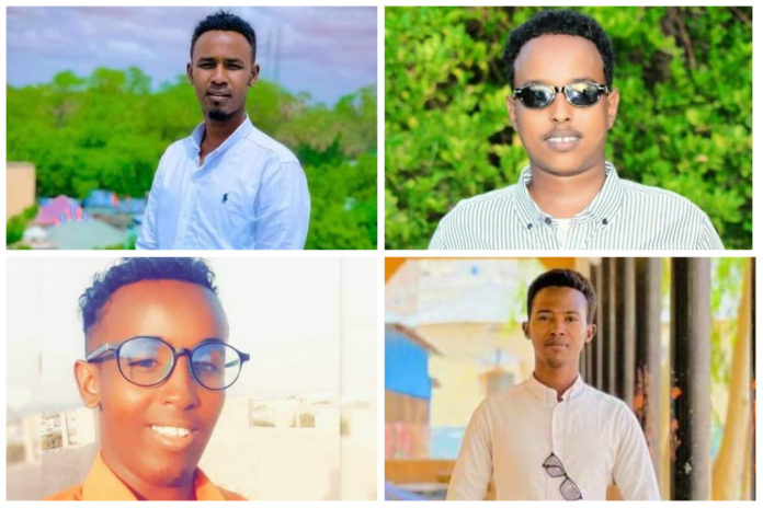 Radio Hiiraanweyn journalists: (from left to right) Abdullahi Osman Idow, Mustaf Ali Adow, Abdirahman Moalim Muse, and Abdimajid Abdirahman Adan are detained in Beledweyne on Thursday, 22 December, 2022. | PHOTO/Courtesy.