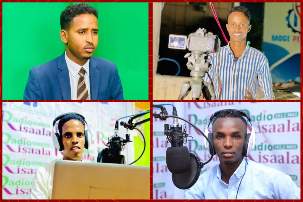  The journalists (from top right): Mohamud Abdirashid Sofeysane (5TV); Isaq Rashid (5TV); Qasim Ibrahim Adan (Risaala TV) and Mohamed Said Nur (Risaala TV), were held at the Hamar Jajab police station before they were later  transferred to the regional police headquarters where they were held for half an hour. | PHOTO/ SJS Combined.