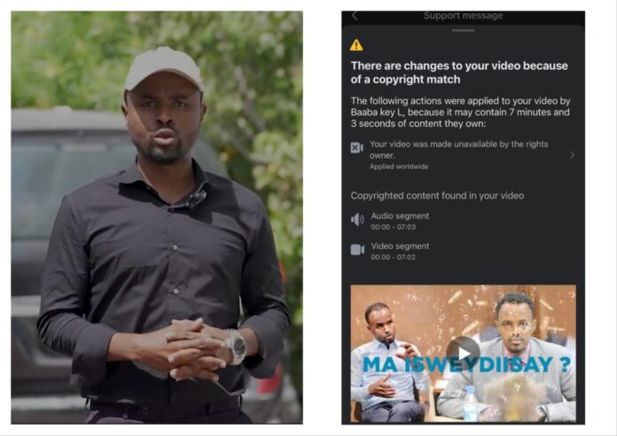 (Left) State media journalist Abdulkadir Isse and (right) a message from Facebook with a copyright claim regarding the journalist's recent report exposing the Deputy Minister of Information.